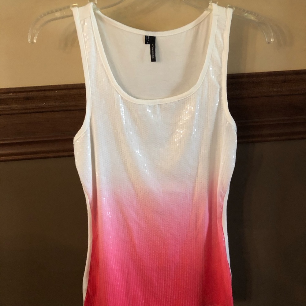 White tank with white to red sequins on front.